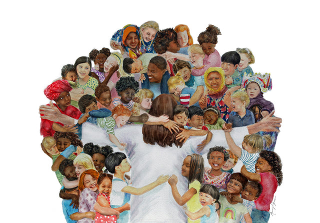 Jesus Christ hugging a large group of diverse children.