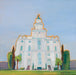 Painting looking up at the St. George Utah Temple with blue skies. 