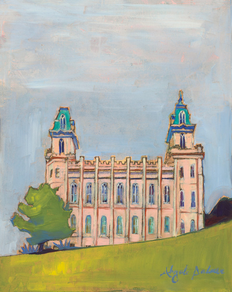 Painting of the side view of the Manti Utah Temple with blue skies. 