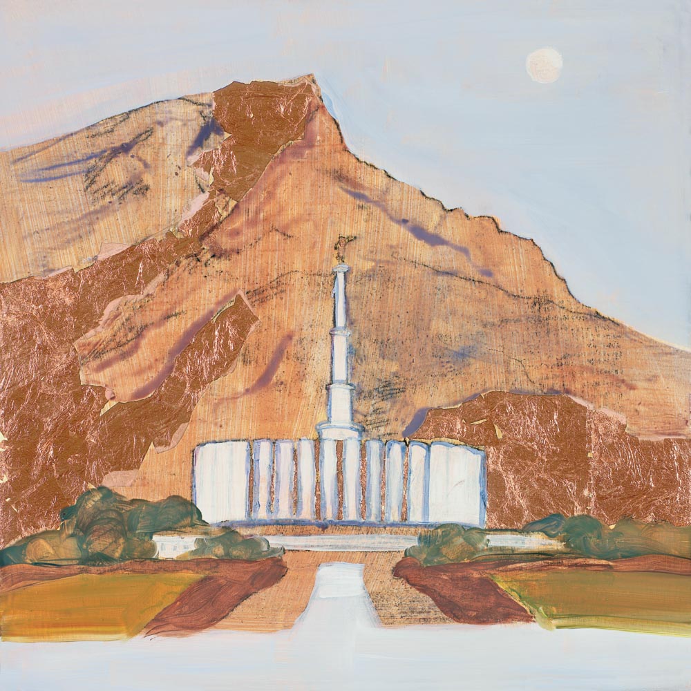 Painting of the Provo Utah Temple against brown mountains. 
