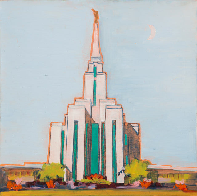 Painting of the Oquirrh Mountain Temple with light blue sky. 