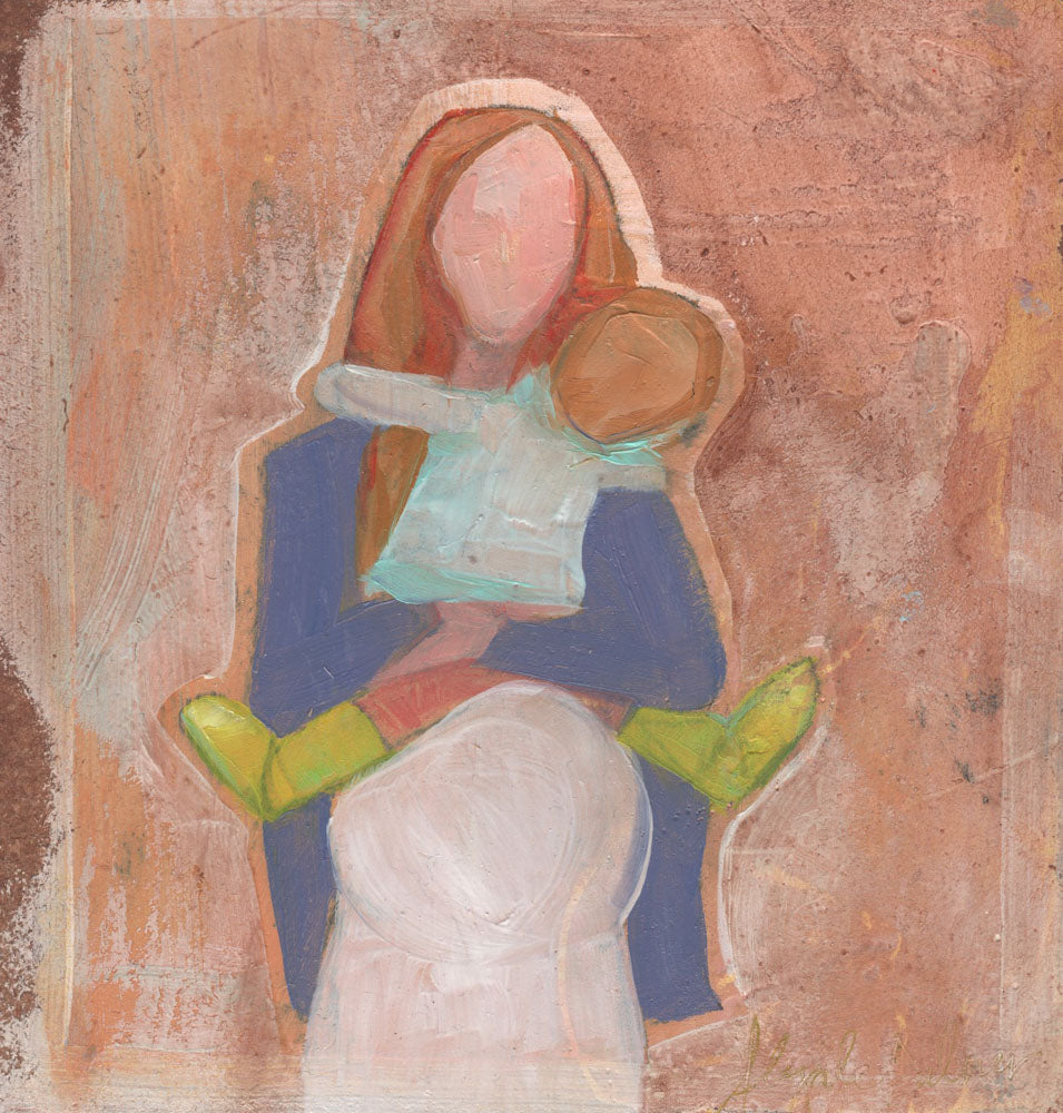 Faceless figures of a pregnant mother holding a child. 