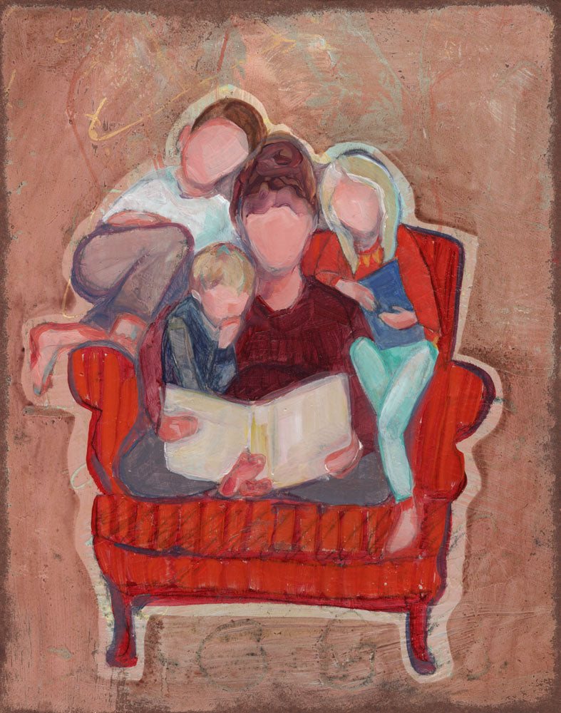 Faceless figures of a mother and children reading in a big chair. 