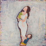 Faceless figures of a pregnant mother in white dress with child on her feet.