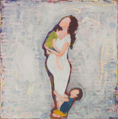 Faceless figures of a pregnant mother in white dress with child on her feet.