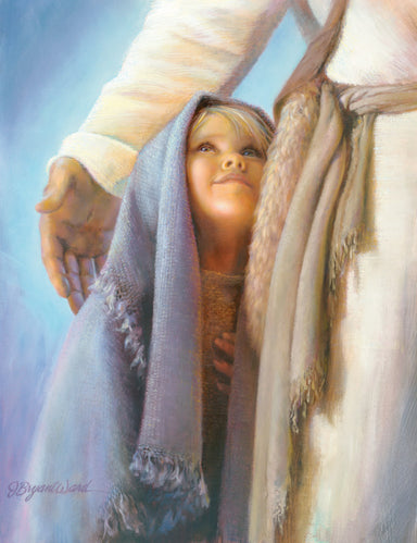 Young girl looking up at Jesus who has his arm around her for comfort