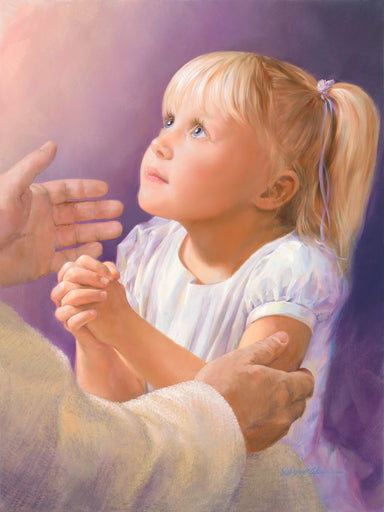A girl in prayer with Jesus reaching out his hands to comfort her