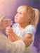 A girl in prayer with Jesus reaching out his hands to comfort her