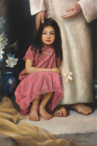 A girl sitting at Jesus' feet holding a flower.