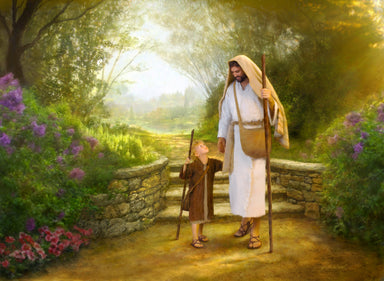 Young boy looks up at Jesus as they walk a path together