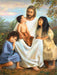 Jesus dressed in white flanked by two young girls and a small boy sits on his lap