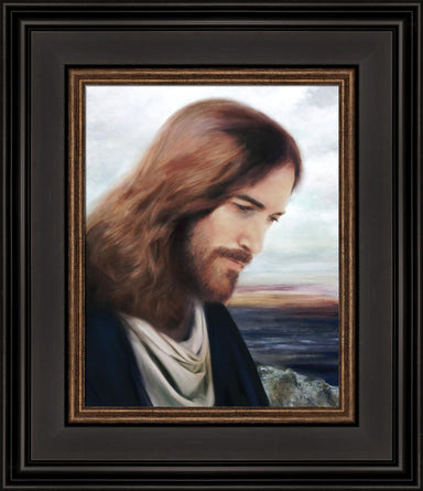 Portrait of Jesus side profile looking down. 