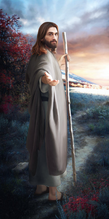 Jesus walking on path turned around reaching with one hand. 
