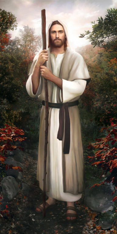 Jesus holding staff standing in a garden of trees and flowers. 
