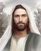 Portrait of Jesus Christ wearing a white shawl on head with trees in the background. 