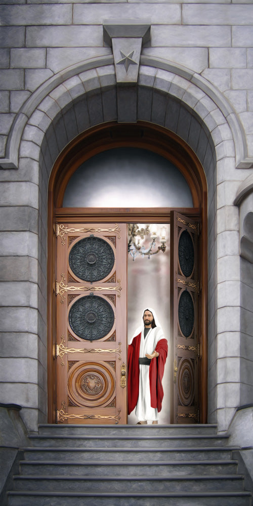 Jesus standing in the doorway of the Salt Lake temple. 