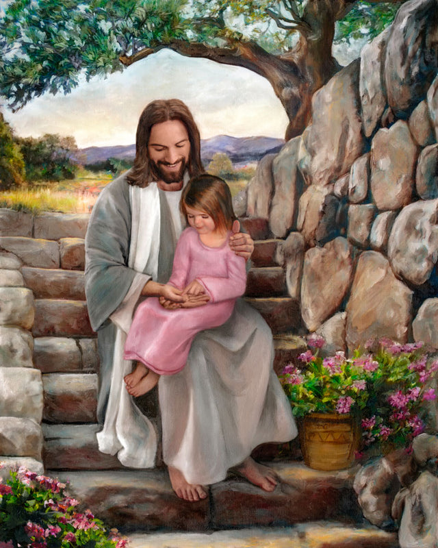 Jesus sitting on steps with little girl in his lap. 