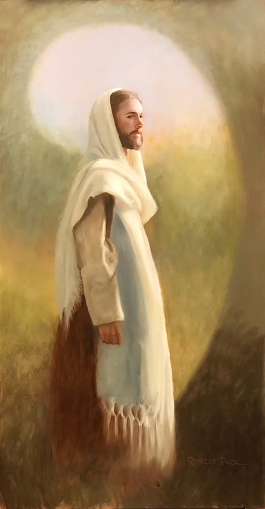 Portrait of Jesus standing with white shawl on head.