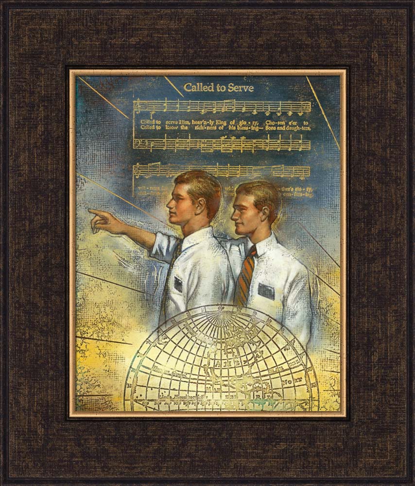 Two missionaries pointing with the song Called to Serve in the background.
