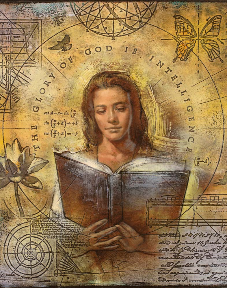 A women reading a book surrounded by symbols of intelligence. 