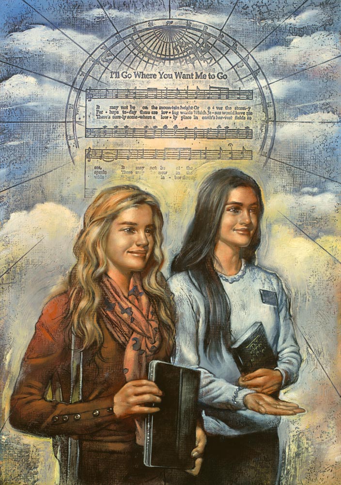 Two sister missionaries holding book of mormons with song in the background. 