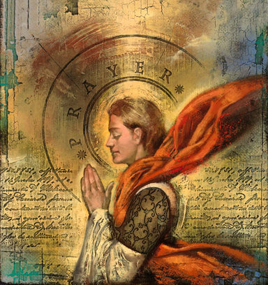 A women praying with a red scarf flowing behind her. 