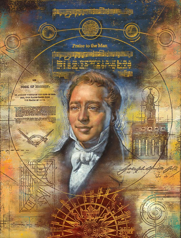 Portrait of Joseph Smith surrounded by symbols of his life. 