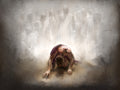 Jesus, bleeding and injured, kneeling with his face to the ground. Many souls stand behind Him.