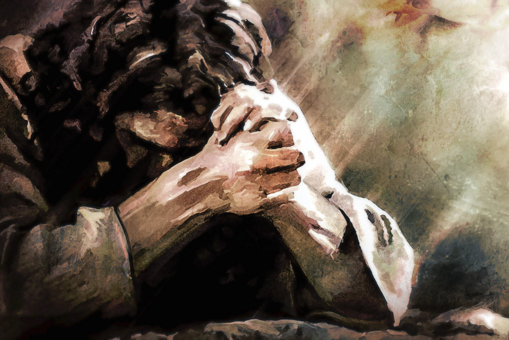 Painting of Jesus' hands clasped in prayer as He suffers in Gethsemane.