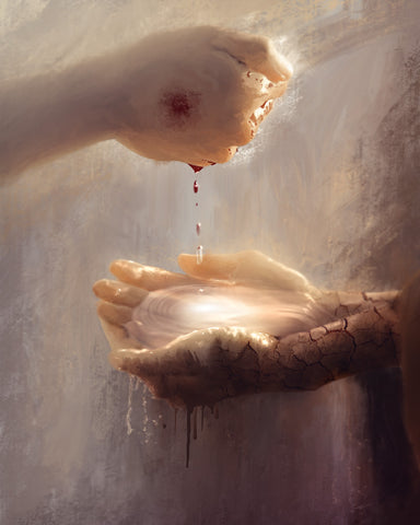 Jesus' scarred hand squeezing out blood which turns into clean water when it lands in the cupped hands of a person whos arms are cracked and damaged.