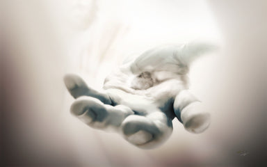 Painting of Jesus' scarred hand reaching out.
