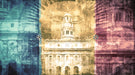 Triptych of pictures of the Nauvoo temple with colorful overlays.