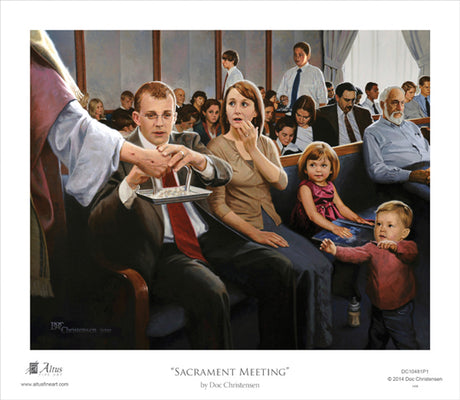 A family partaking of the sacrament at church with Jesus holding the tray.  Art 4