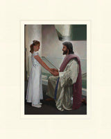 Girl dressed in white in front of a baptismal font with Jesus holding her hands. Art 4