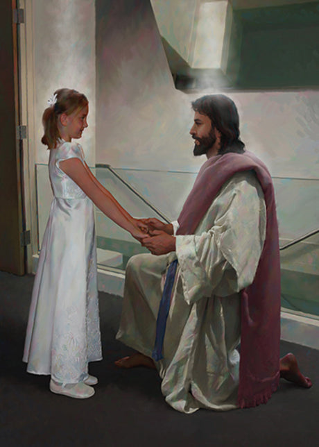 Girl dressed in white in front of a baptismal font with Jesus holding her hands. Art 2