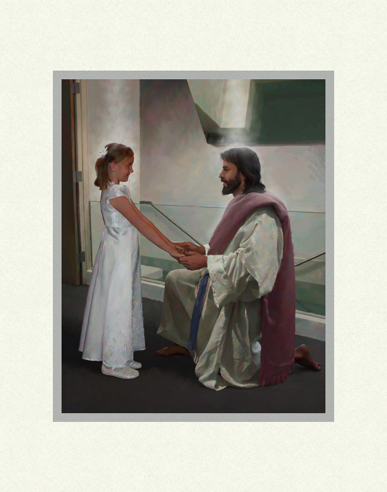 Girl dressed in white in front of a baptismal font with Jesus holding her hands. Art 7