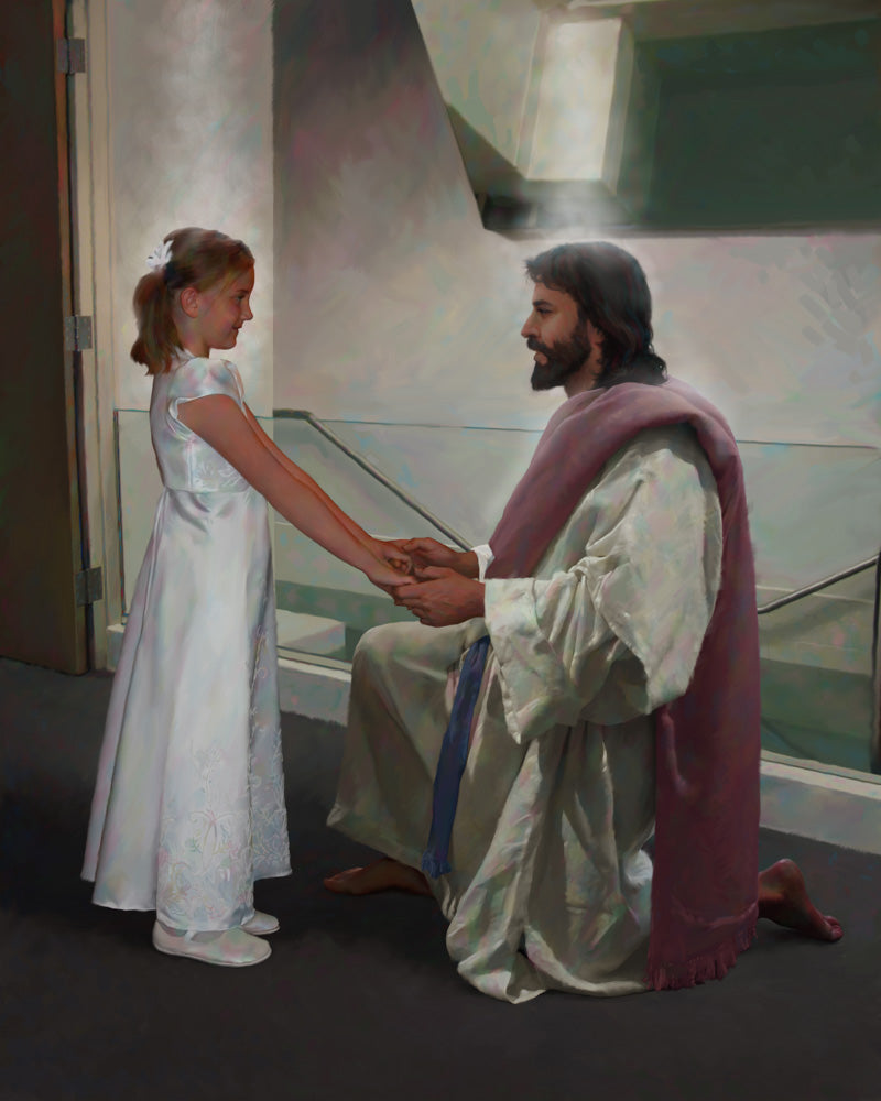 Girl dressed in white in front of a baptismal font with Jesus holding her hands. 