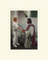 Boy dressed in white in front of a baptismal font with Jesus holding her hands. Art 4