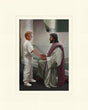 Boy dressed in white in front of a baptismal font with Jesus holding her hands. Art 4