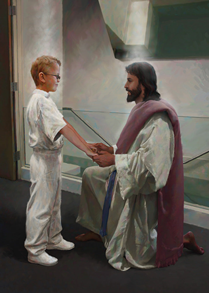 Boy dressed in white in front of a baptismal font with Jesus holding her hands. Art 2