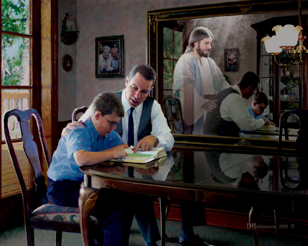 A Father and son studying the scriptures with Jesus in the reflection of the mirror.