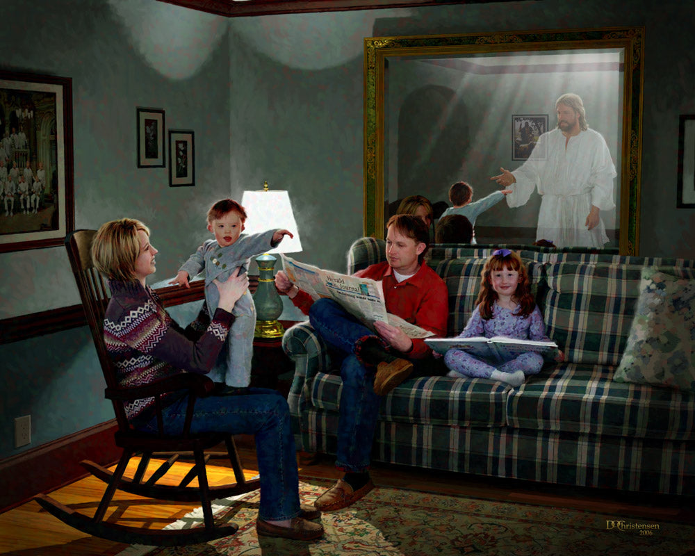 Family sitting in living room, down syndrome boy looking at Jesus in mirror.