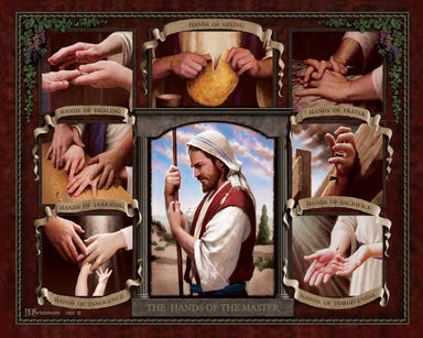 A Collage of Jesus hands breaking bread, performing miracles and on the cross. 