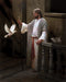Jesus Christ standing with a staff next to a flying white dove. 