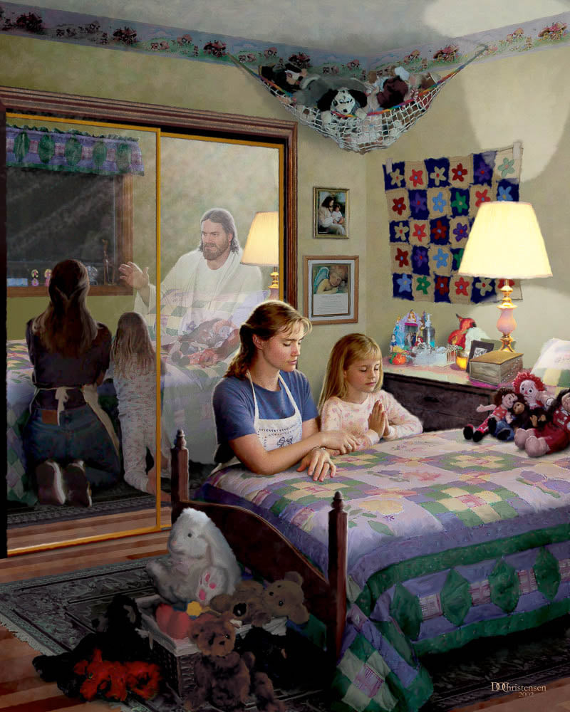 Mother and daughter kneeling to pray at a bed with Jesus's reflection in the mirror. Art 3