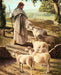 Jesus walking on path with sheep following him. 