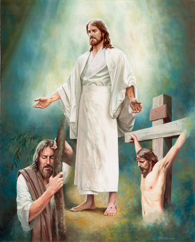 Image of Jesus in Gethsemane, on the cross and after he has risen.