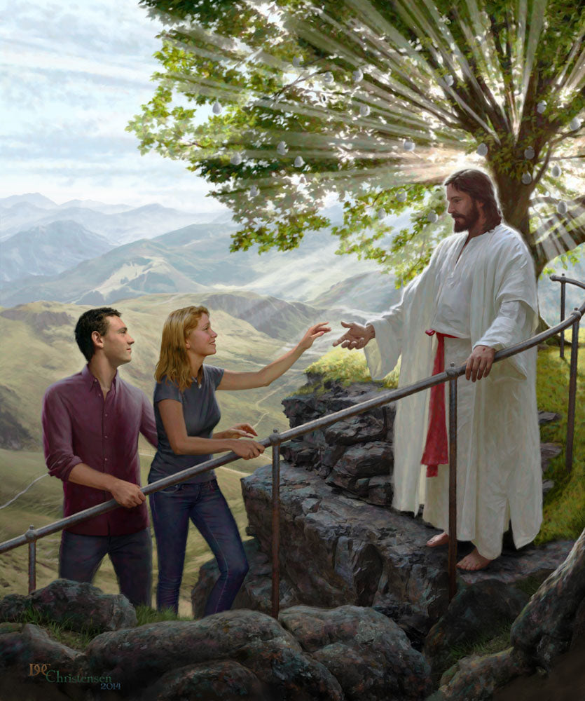 Jesus standing by the tree of life holding a railing welcoming a man and women. 