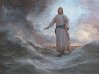 Jesus walking on the stormy sea, calming the waves as he passes. 