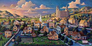 Painting of the Manti Utah City with the Manti Temple on a hill in the background. 